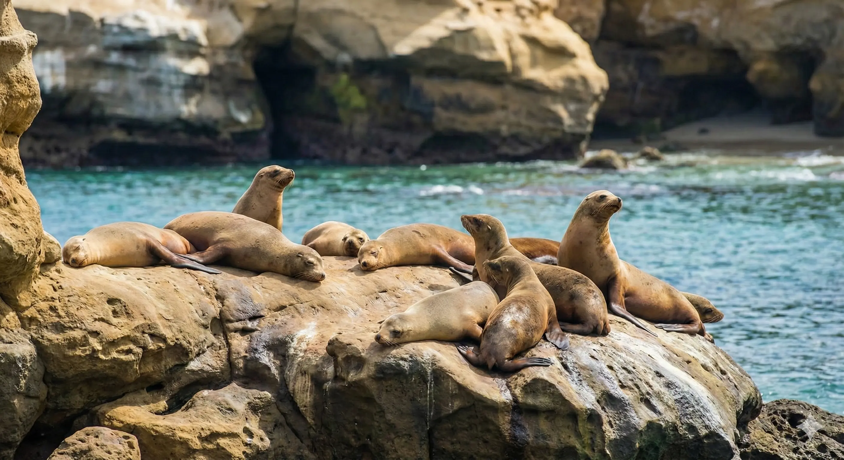 Sea lions resting on rocks at La Jolla Cove with snorkelers in the protected marine reserve